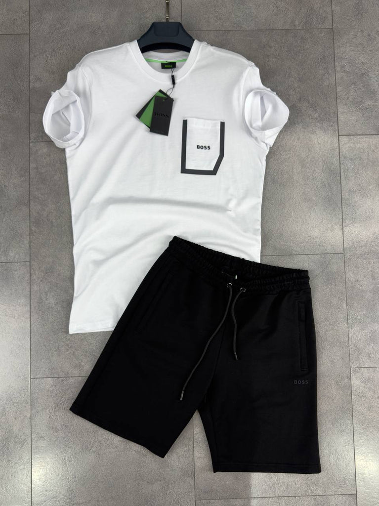 Set pentru bărbați Boss, tricou cu buzunar și pantaloni scurți, alb și negru. Calitate premium.
