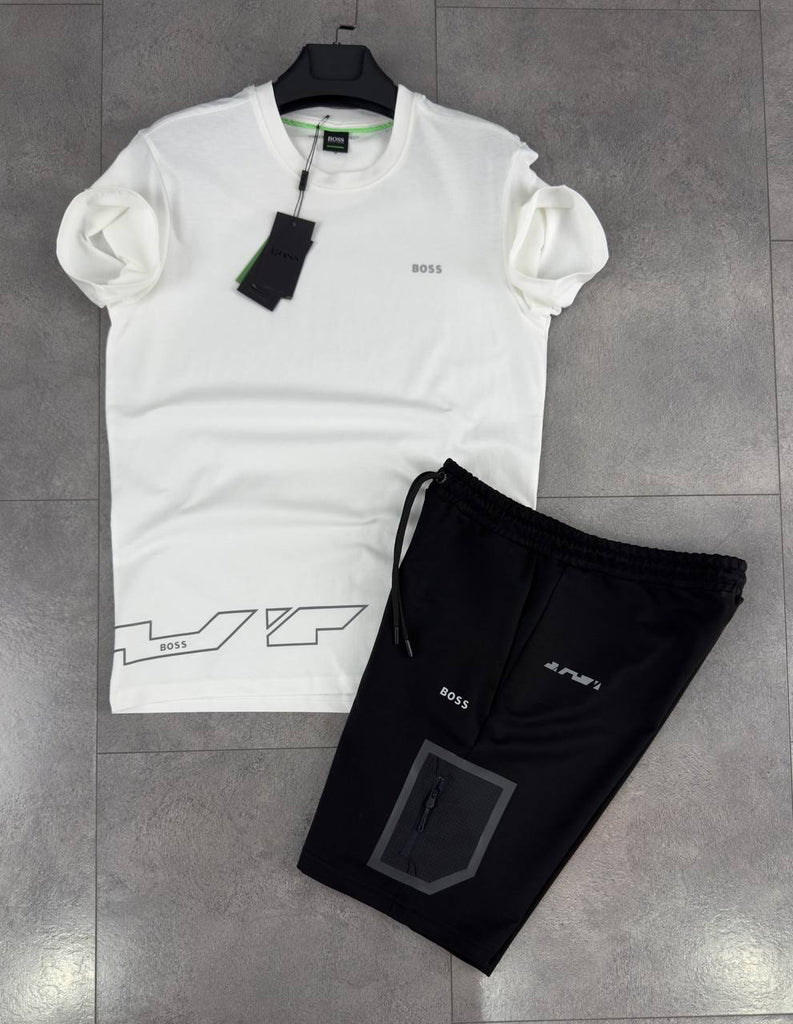 Set pentru bărbați Boss, tricou și pantaloni scurți, alb și negru. Calitate premium.