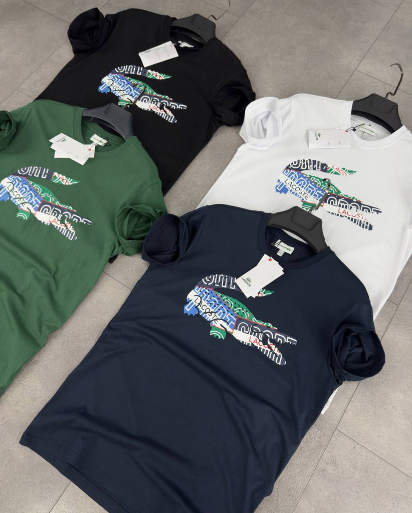 Tricou bărbătesc Lacoste, cu imprimeu crocodil mare și colorat – verde. Calitate premium.