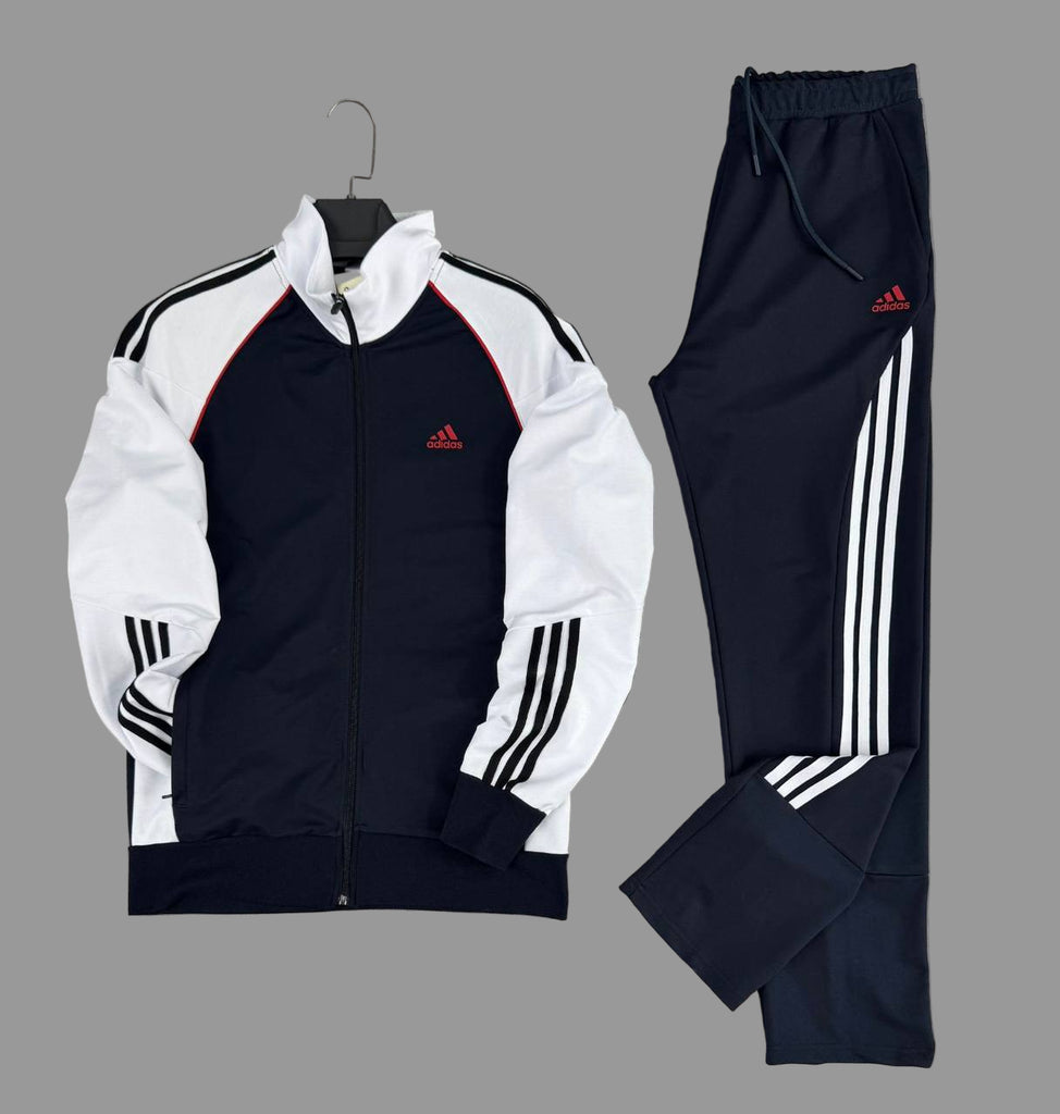 Costum sport bărbătesc Adidas, alb și albastru închis, cu logo roșu