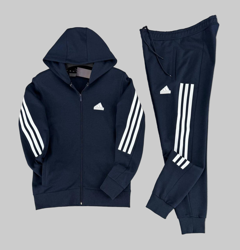 Trening bărbătesc Adidas, albastru închis cu dungi verticale albe