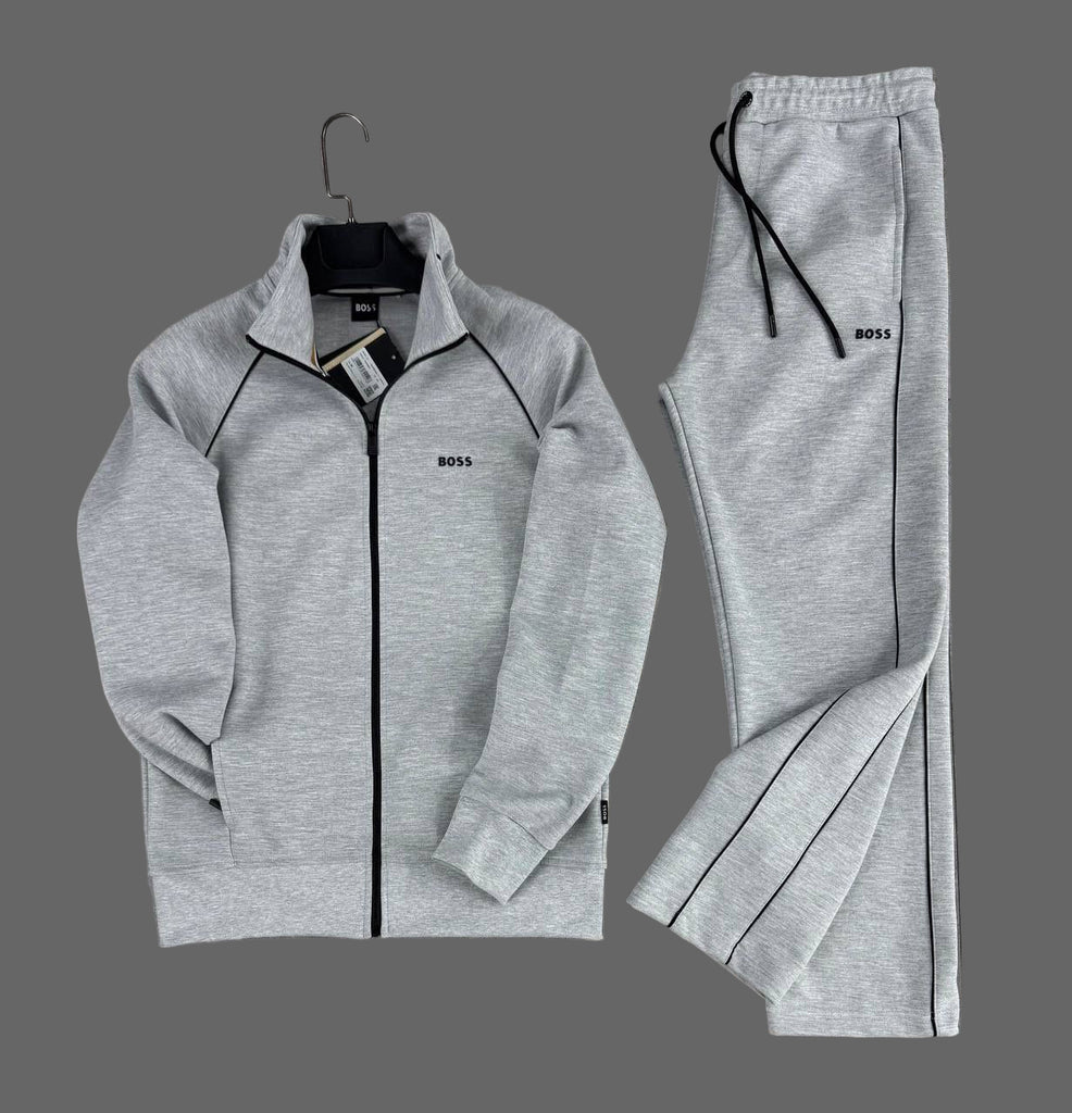 Trening BOSS pentru bărbați, gri clasic, cu linii negre și pantaloni drepti