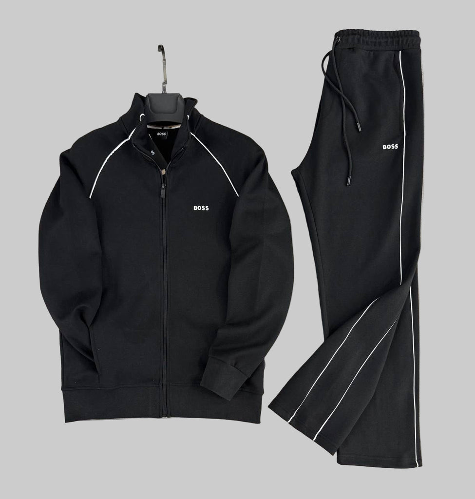 Set sport BOSS pentru bărbați, negru cu dungi albe și pantaloni cu croială dreaptă