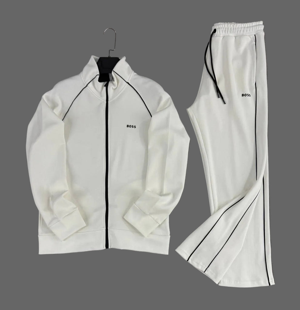 Set sport BOSS pentru bărbați, ecru cu dungi negre și pantaloni drepți