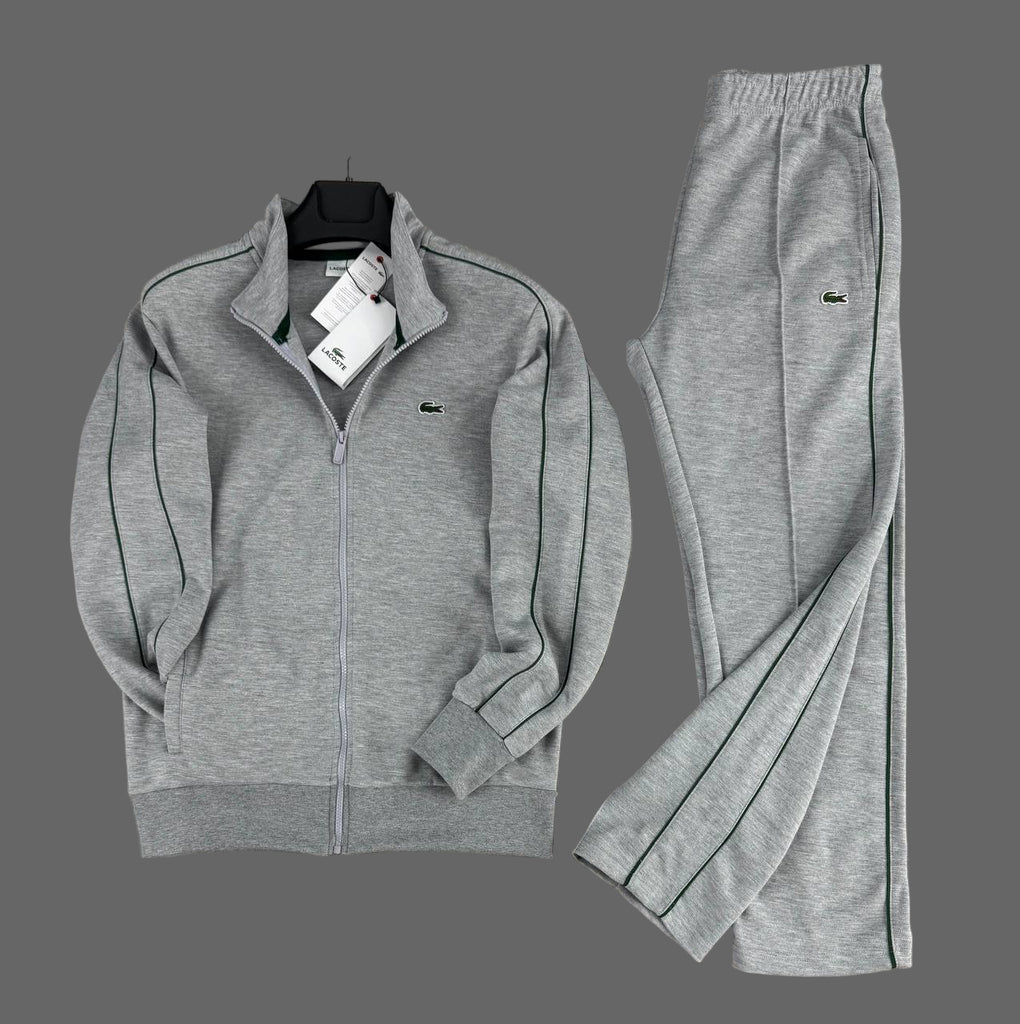 Trening Lacoste pentru bărbați, gri clasic cu dungi verzi și pantaloni drepți