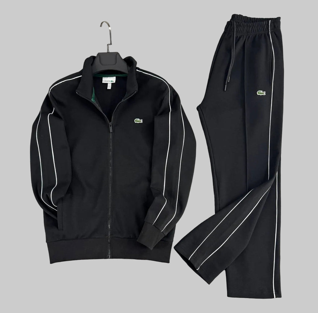 Trening Lacoste pentru bărbați, negru cu două dungi și pantaloni drepți