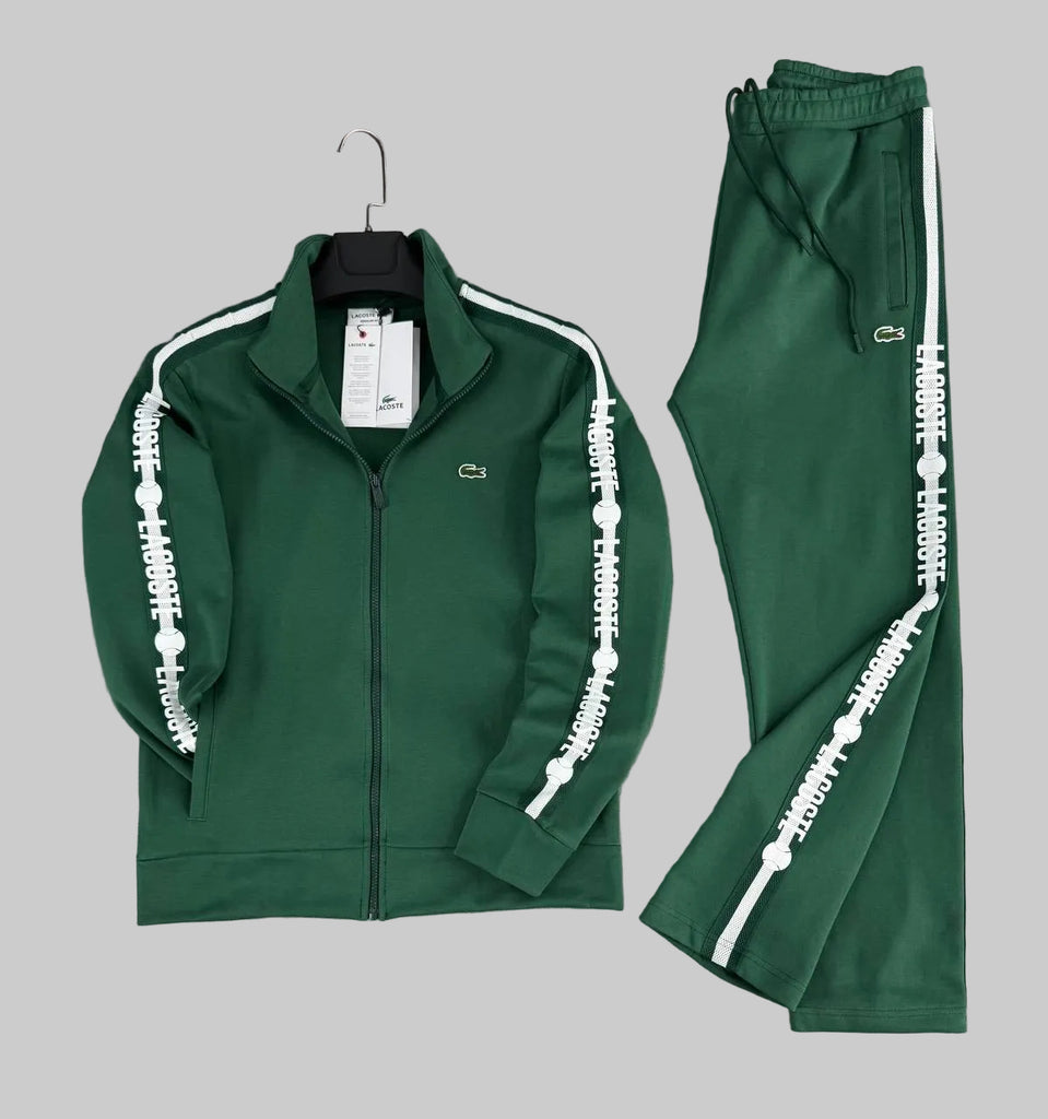 Trening bărbătesc Lacoste verde, cu bandă albă logo și pantaloni drepți