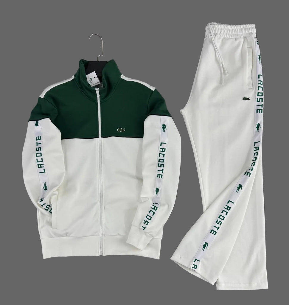 Trening bărbătesc Lacoste verde cu ecru, cu bandă albă logo și pantaloni drepți