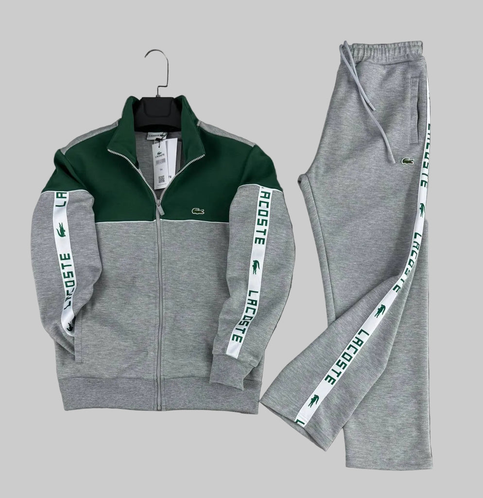 Trening bărbătesc Lacoste verde cu gri, cu bandă albă logo și pantaloni drepți