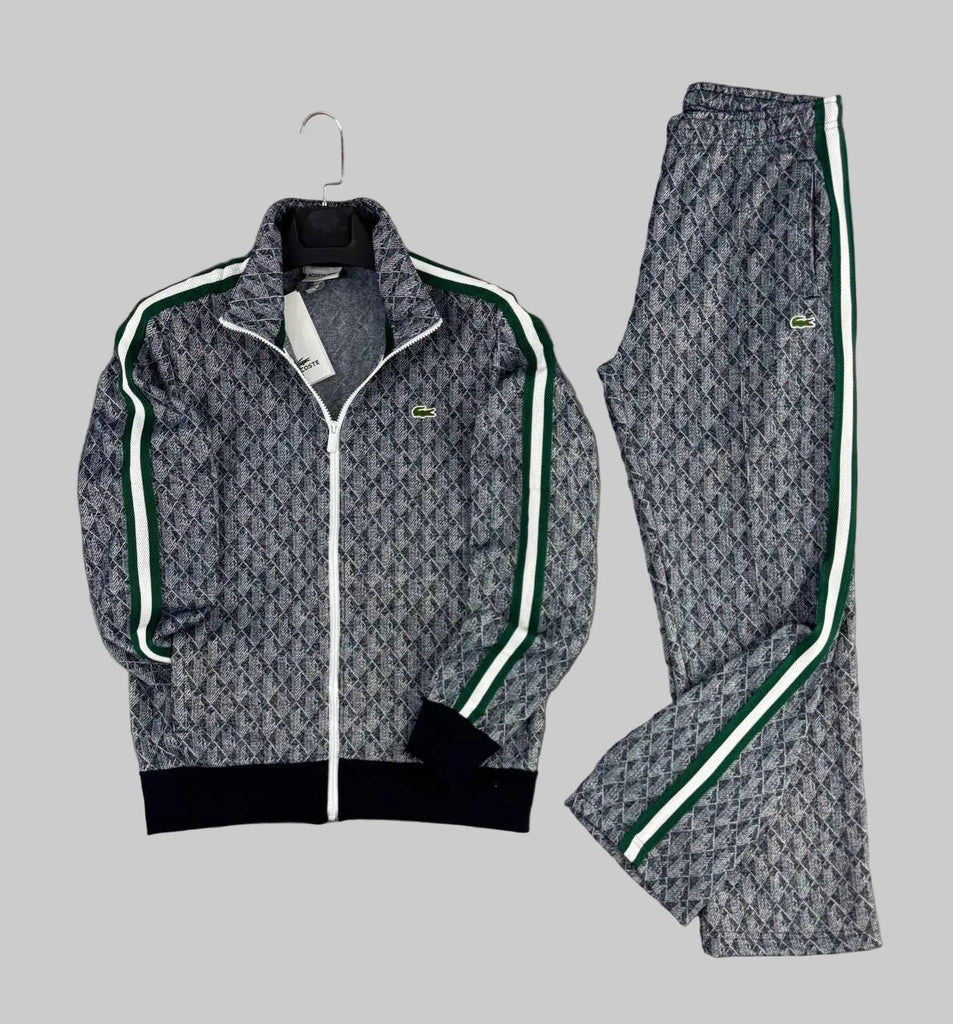Trening bărbătesc Lacoste, jacquard monogram, negru-alb cu dungi albe și verzi