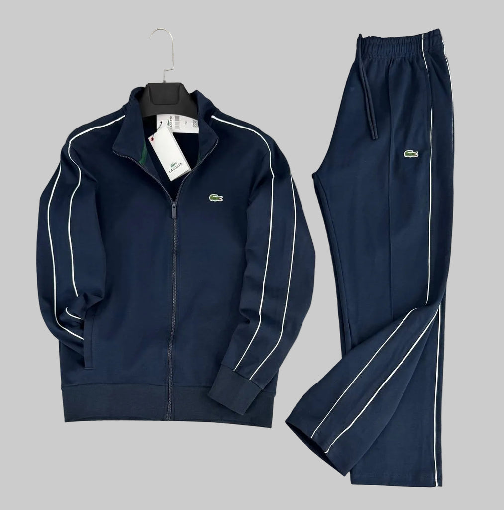 Trening Lacoste pentru bărbați, albastru închis cu două dungi și pantaloni drepți