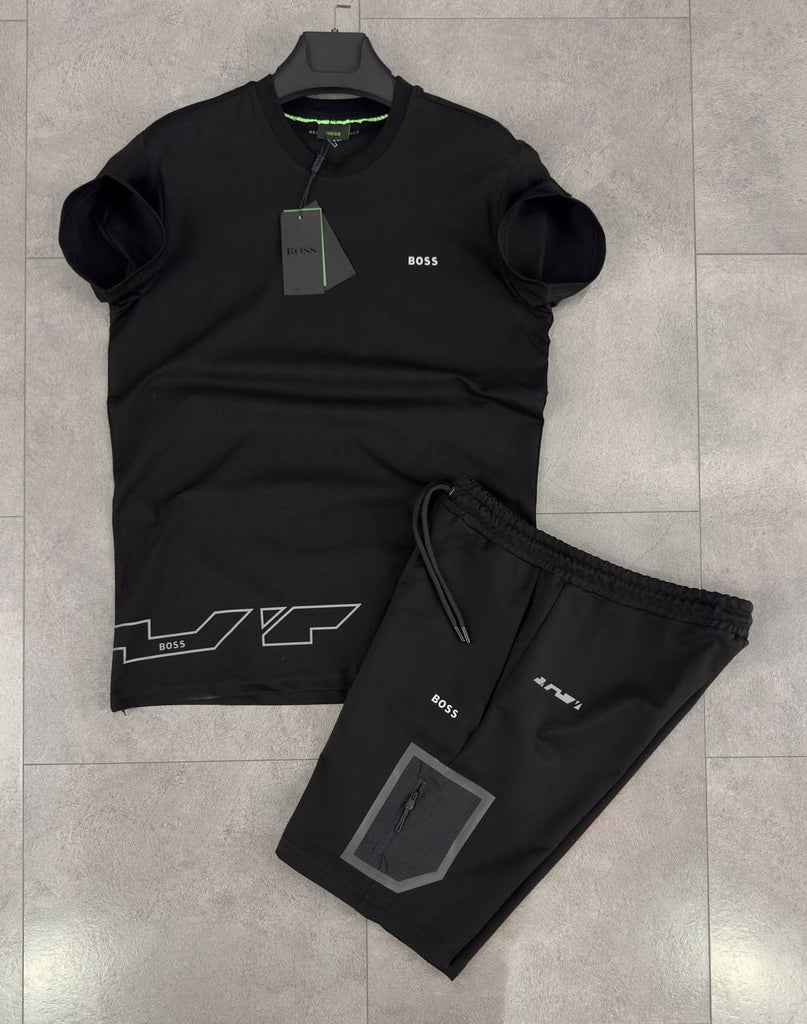 Set pentru bărbați Boss, tricou și pantaloni scurți, negru. Calitate premium.