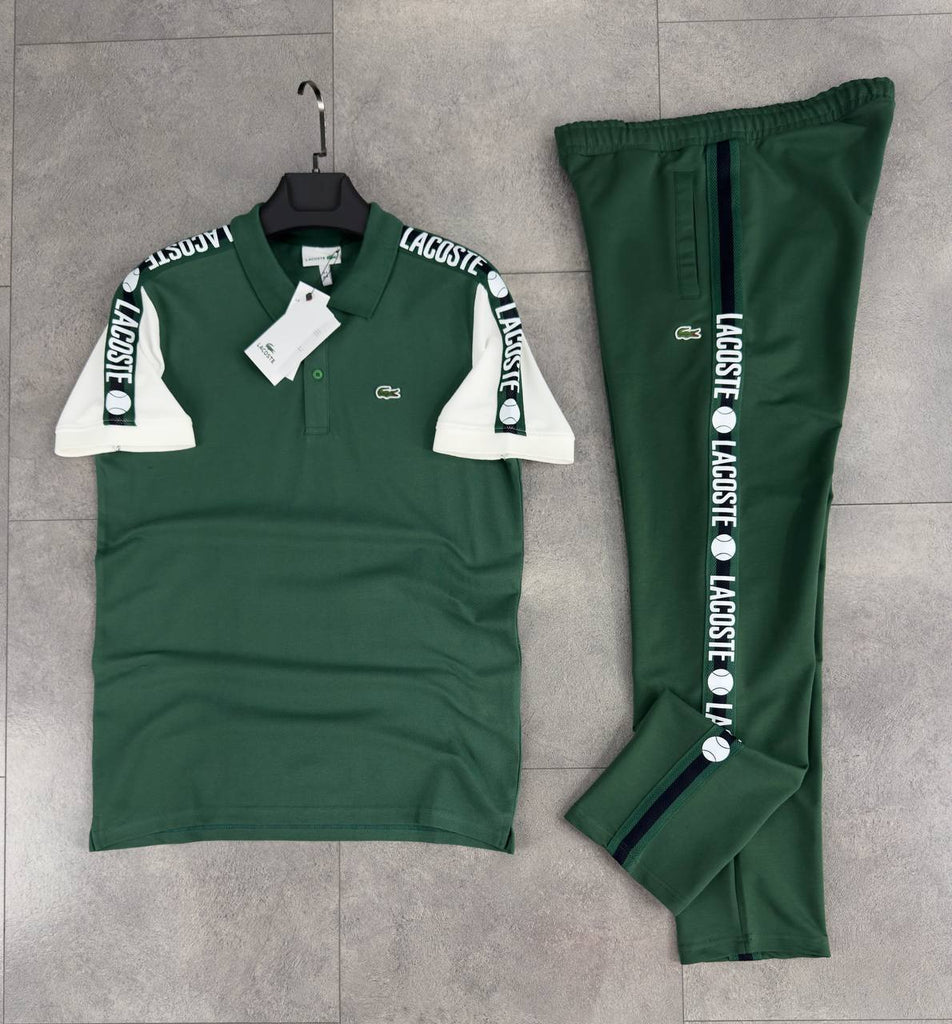 Set bărbătesc Lacoste, tricou cu guler și pantaloni lungi, verde.