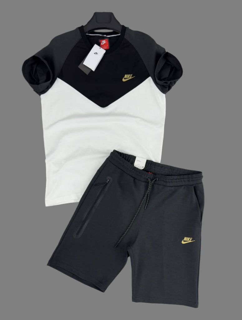 Set pentru bărbați Nike Tech Fleece, tricou alb, negru și grafit și pantaloni scurți grafit. Calitate premium.