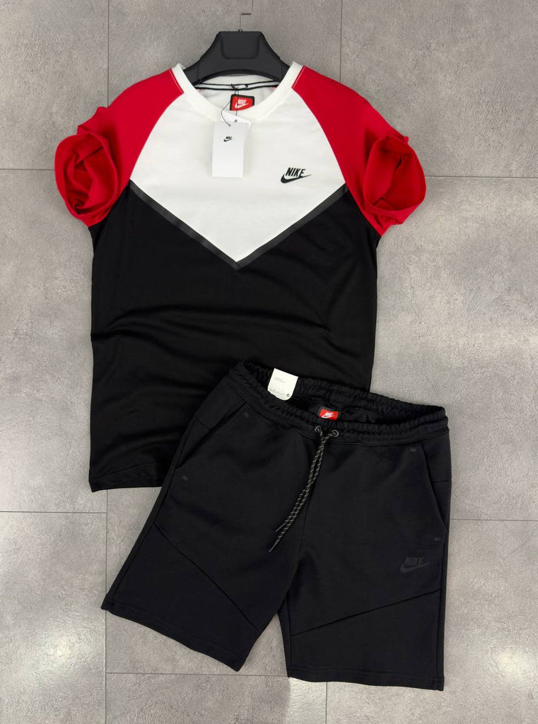 Set bărbătesc Nike Tech Fleece, format din pantaloni scurți negri și un tricou alb, roșu și negru. Calitate premium.