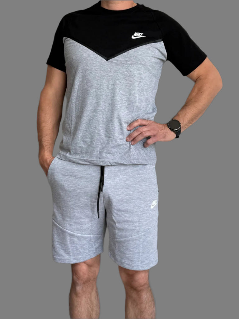 Set bărbătesc Nike Tech Fleece, tricou negru și gri și pantaloni scurți gri. Calitate premium.