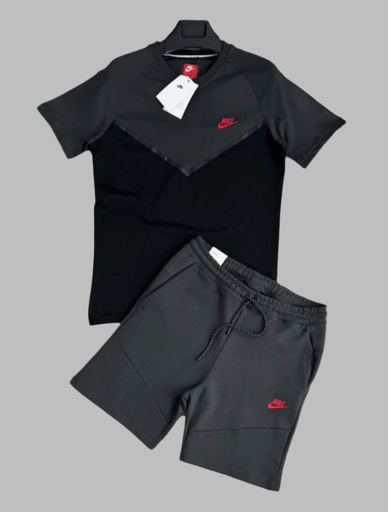 Set bărbătesc Nike Tech Fleece, tricou și pantaloni scurți,grafit și negru. Calitate premium.