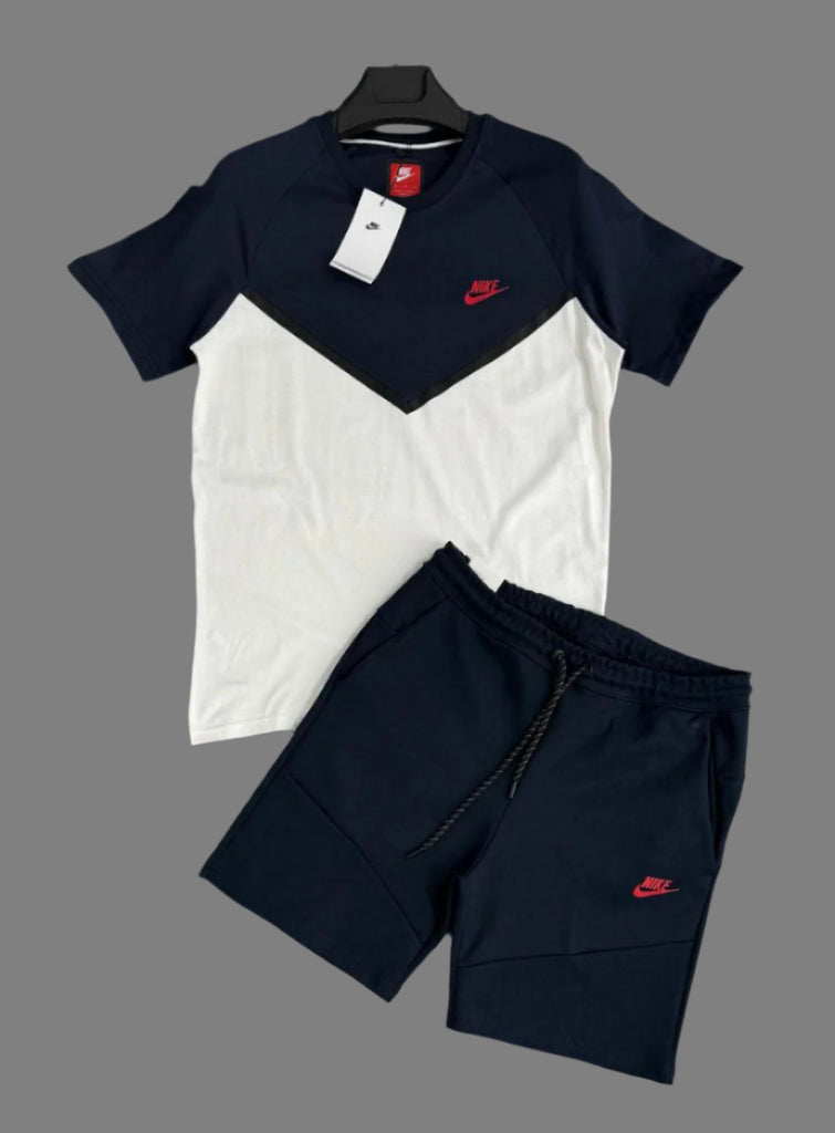 Set bărbătesc Nike Tech Fleece, tricou și pantaloni scurți, albastru marin și alb. Calitate premium.