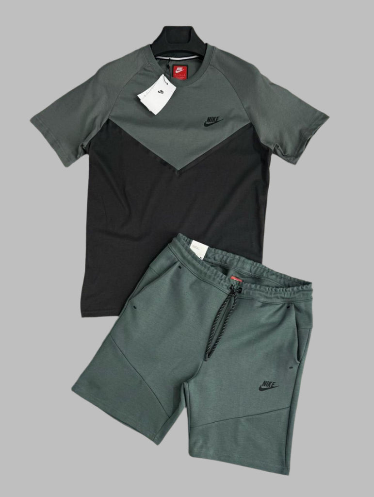 Set bărbătesc Nike Tech Fleece, tricou și pantaloni scurți,gri-verde și grafit. Calitate premium.