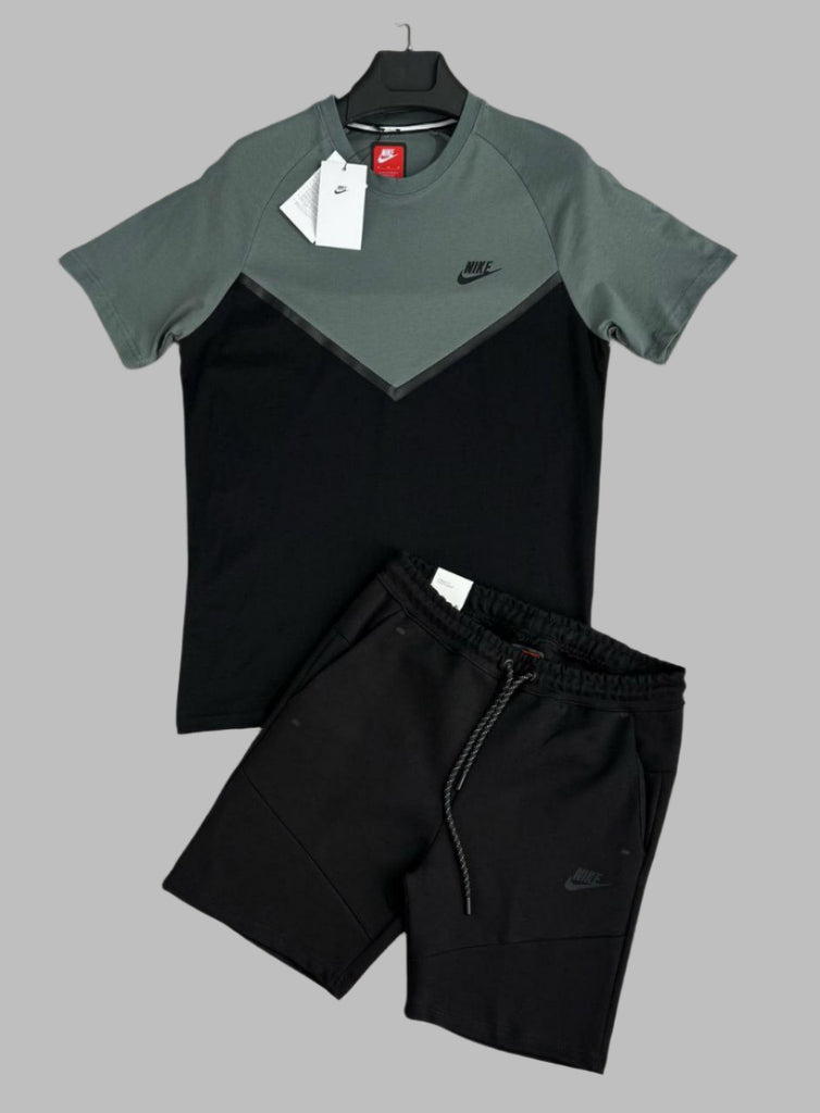 Set bărbătesc Nike Tech Fleece, tricou și pantaloni scurți, gri-verde și negru. Calitate premium.